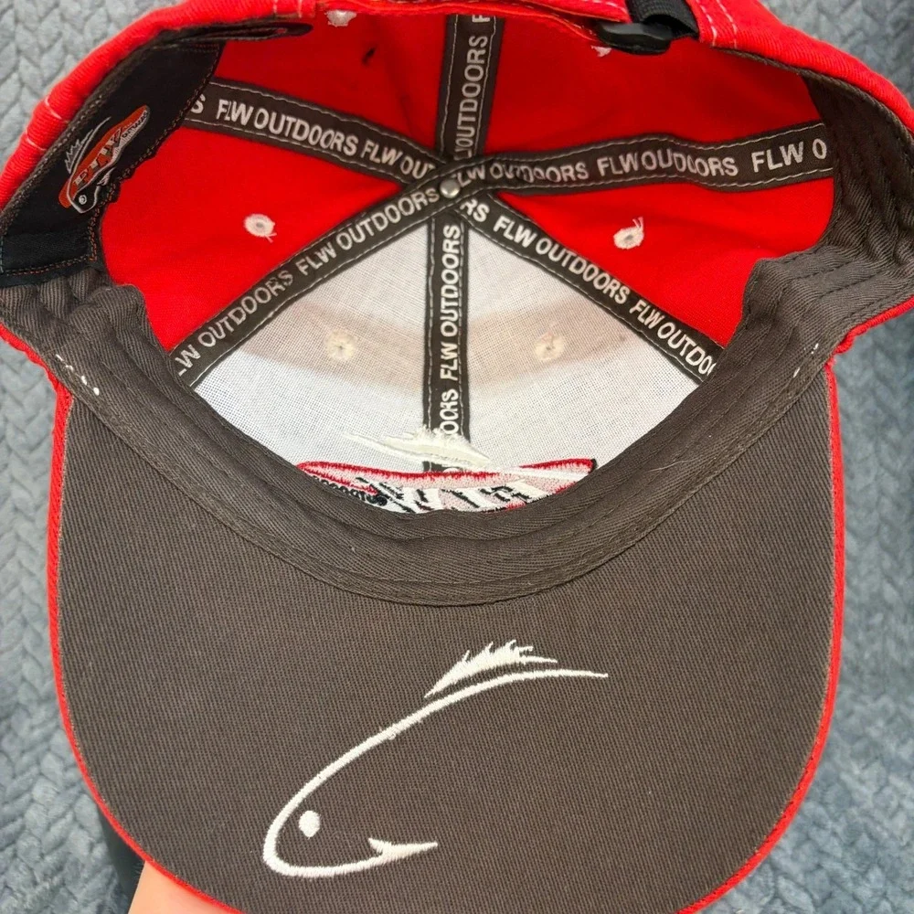 FLW Outdoors Fishing Hat Red Charcoal Grey Adjustable Baseball Cap Embroidered